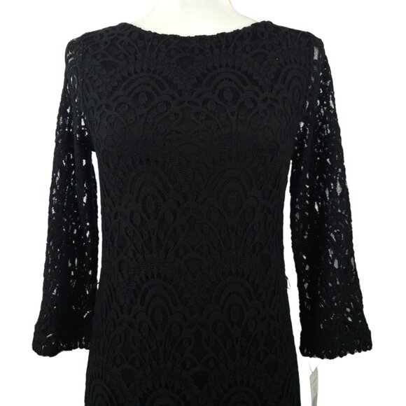 Sharagano Classic Floral Lace Sheath Dress 6 Long Sleeve Scalloped Trim Cocktail - Picture 16 of 16